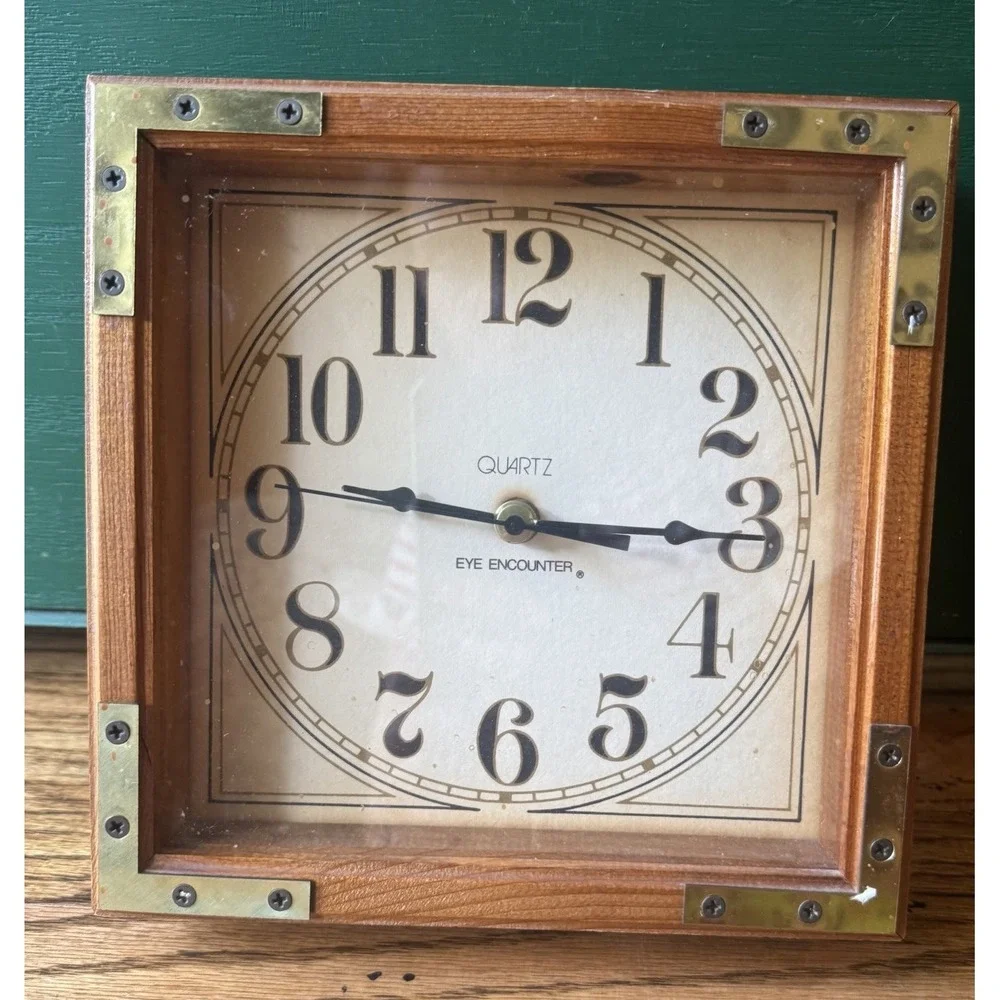 Vintage Rustic Wooden Clock with Brass Corners‎ | Mid Century Cottagecore Decor